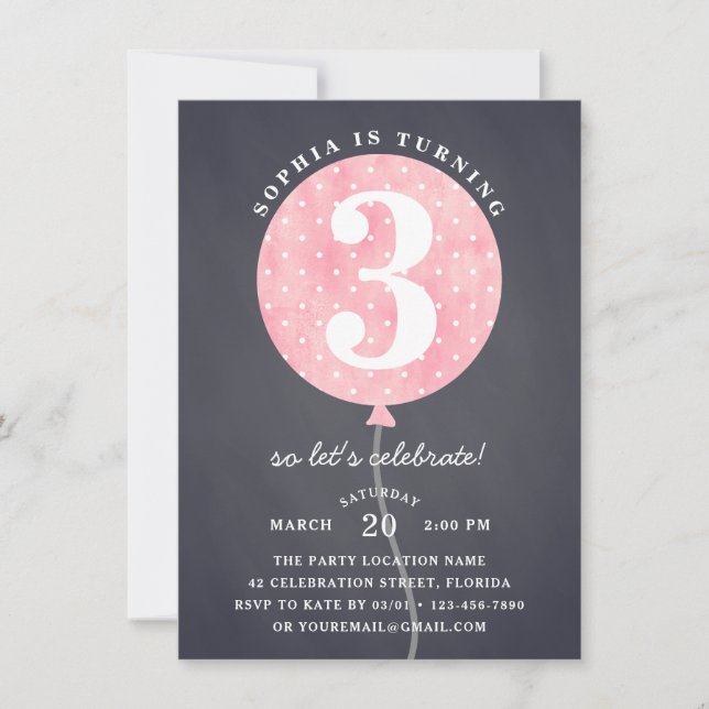 Invitación Nacimiento de Chica de globo rosado de pizarra neg (Anverso)