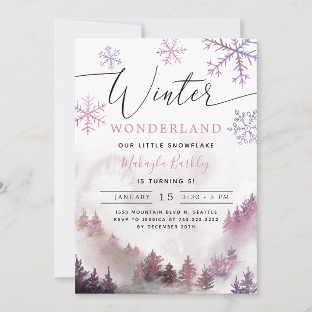 Invitación Nacimiento de Chica Pink Winter Wonderland (Anverso)