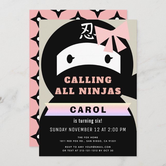 Invitación Nacimiento de Chica Rosado y Negro Ninja (Anverso / Reverso)