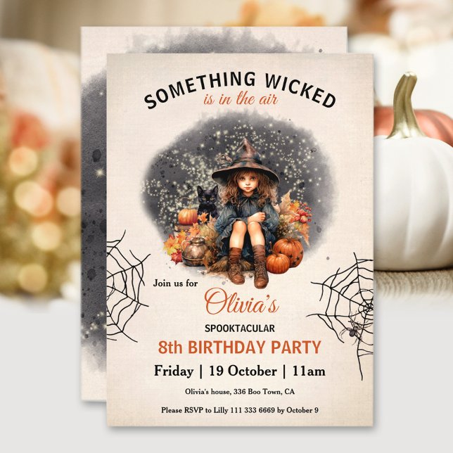 Invitación Nacimiento de Chicas de Halloween con brujas y gat (Cute Witch and Cat Halloween Girls' Birthday Invitation)