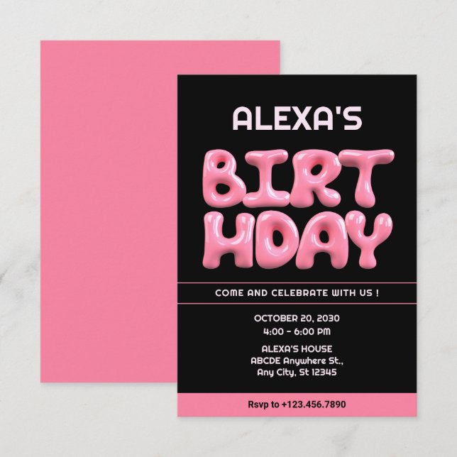 Invitación Nacimiento de chicle Black Pink 3d (Anverso / Reverso)