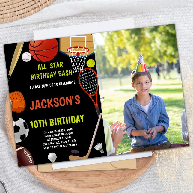 Invitación Nacimiento de Deportes de Foto Negra Naranja Marró (Brown Orange Black Photo Sports Birthday Invitation)