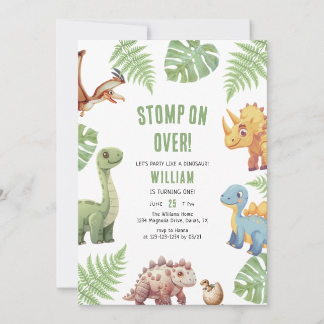 Invitación Nacimiento De Dinosaurios De Acuarela Sobre El Cum (Anverso)