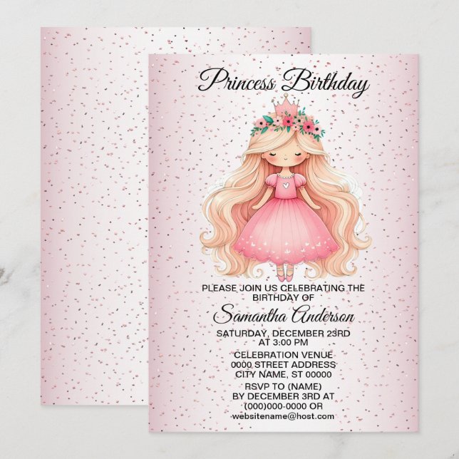 Invitación Nacimiento de fiesta acuarela Princesa Rosa (Anverso / Reverso)