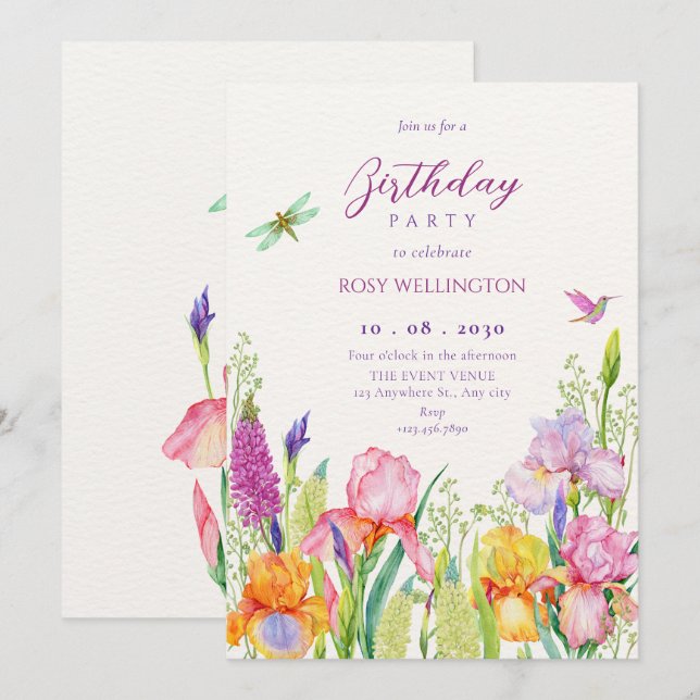 Invitación Nacimiento de flores irlandesas acuarelas (Anverso / Reverso)