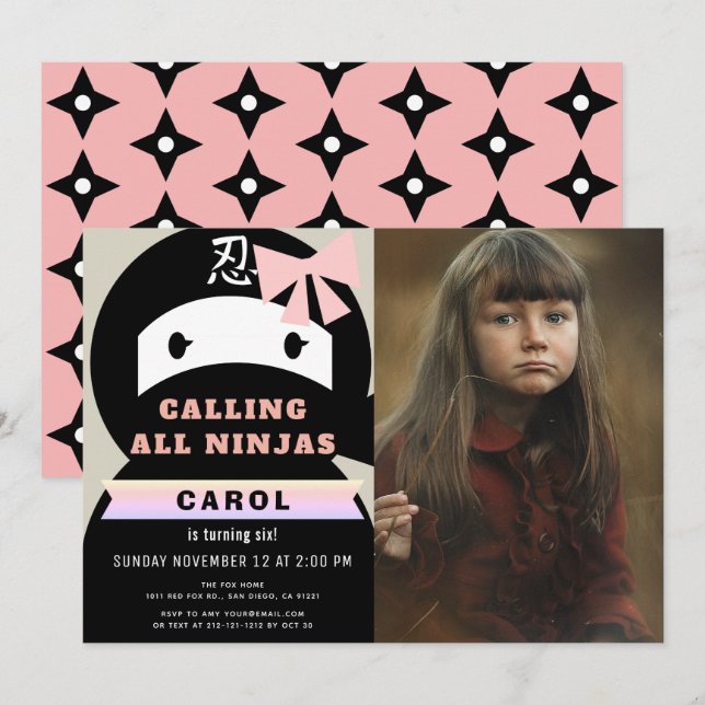 Invitación Nacimiento de foto de Chicas rosados y negros de N (Anverso / Reverso)