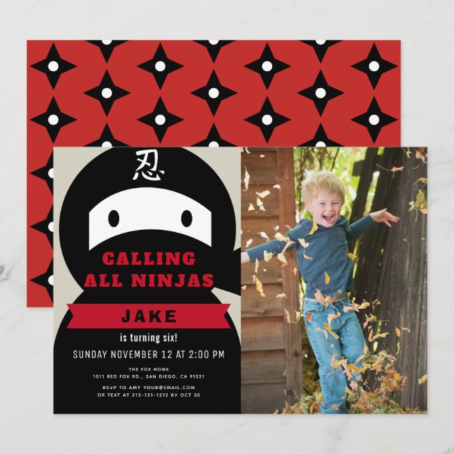 Invitación Nacimiento de foto de Ninja Red & Black Boy (Anverso / Reverso)