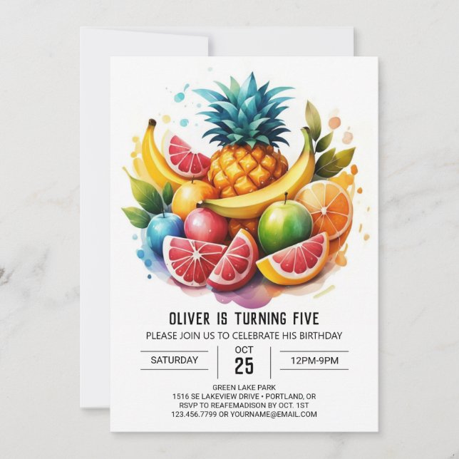 Invitación Nacimiento de frutas digitales para niños de piña (Anverso)