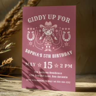Invitación Nacimiento de Giddy Up Occidental De Vaquera Rosa