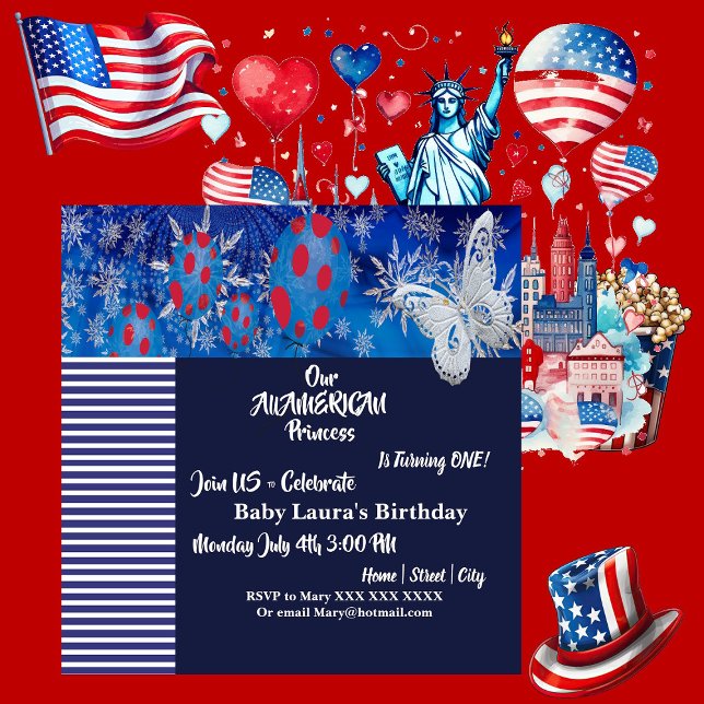 Invitación Nacimiento de globo de mariposa de bandera estadou (Patriotic American Flag Butterfly Balloon BirthDay Invitation)
