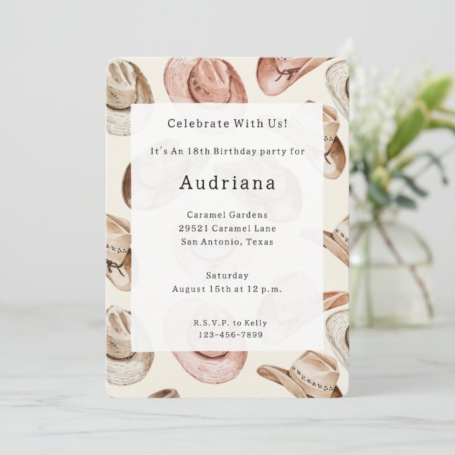 Invitación Nacimiento de Gorras de Cowgirl de crema rosa occi (Anverso de pie)