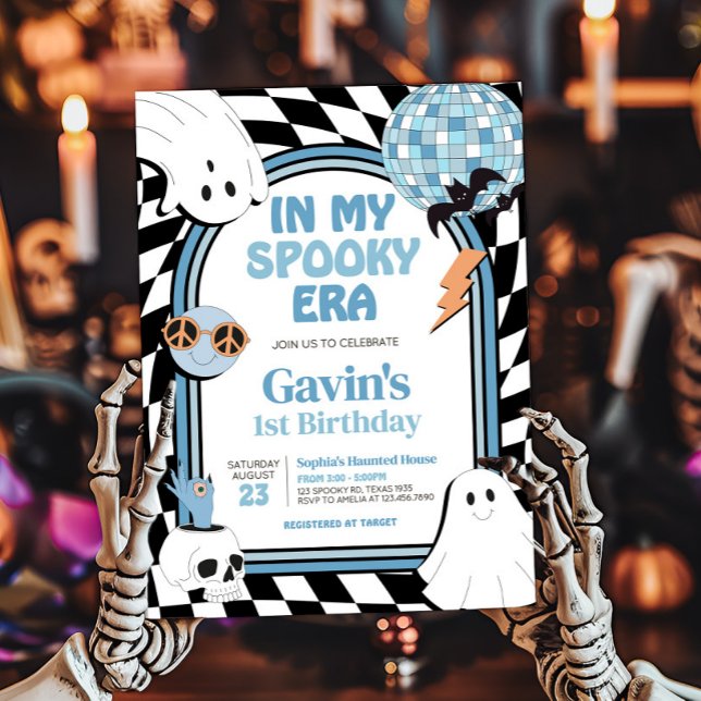 Invitación Nacimiento de Halloween de Boy Retro Ghost (Blue Retro Ghost Halloween In My Spooky Era Birthday Invitation)