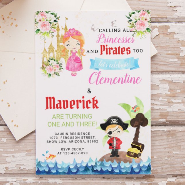 Invitación Nacimiento de hermanos Princesas y Piratas (Subido por el creador)