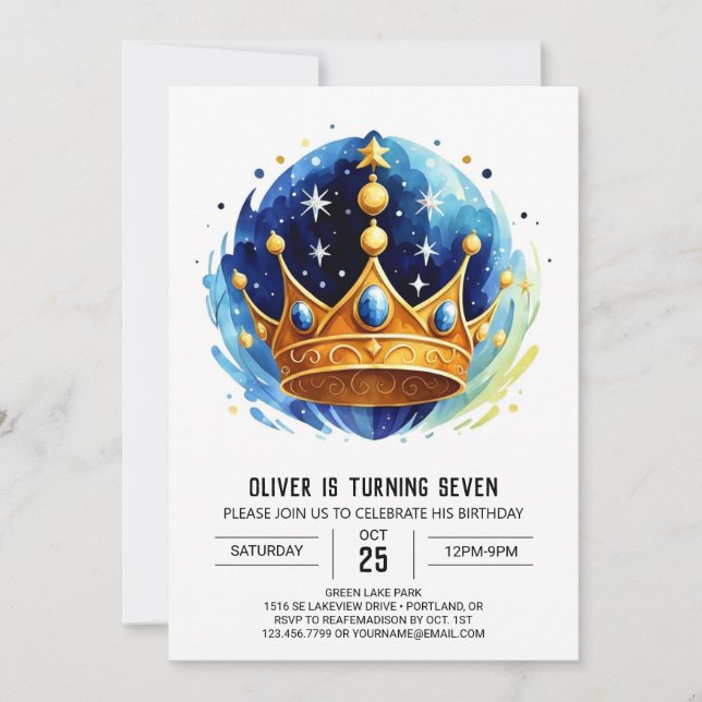 Invitación Nacimiento de la Corona Príncipe Elegante Azul (Anverso)