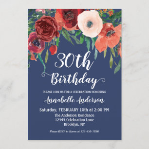 Invitación Nacimiento de la escritura floral azul borgoña de 