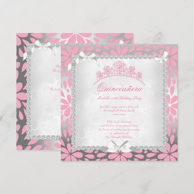 Invitación Nacimiento de la floral rosa de la Bonito Quincean (Anverso / Reverso)