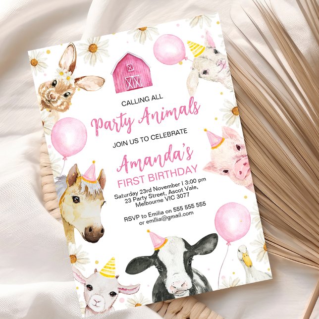 Invitación Nacimiento de la granja Daisy con globo rosa (Pink Yellow Farm Birthday Invitation Calling All Party Animals Farmyard Oink Baa Moo Farm Birthday)