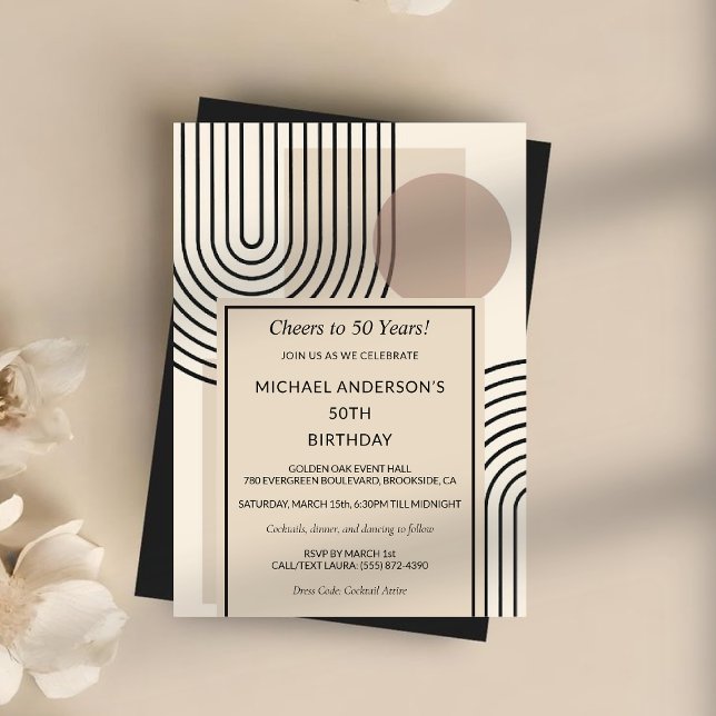 Invitación Nacimiento de la línea geométrica retro escandinav (Retro Scandinavian Geometric Line Art Birthday Invitation)