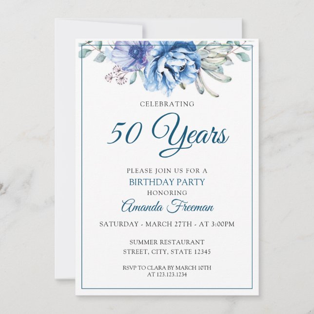 Invitación Nacimiento de la madre floral blanca y azul modern (Anverso)