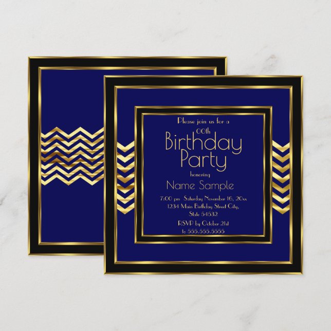 Invitación Nacimiento de la Marina Azul Oro Negro Art Deco (Anverso / Reverso)