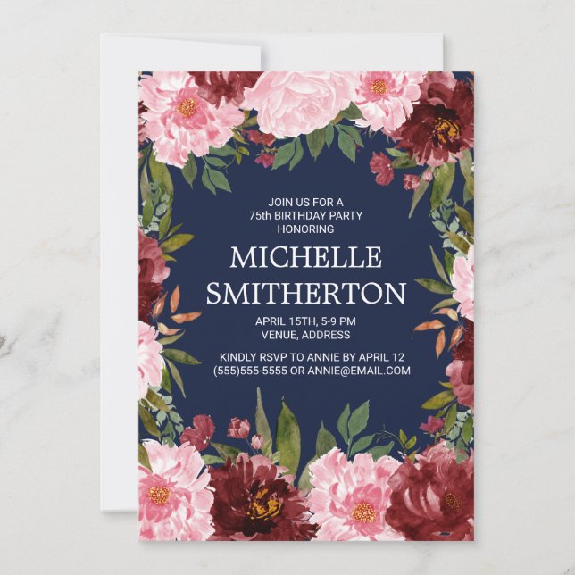 Invitación Nacimiento de la Marina Floral Rosa de Borgoña Azu (Anverso)