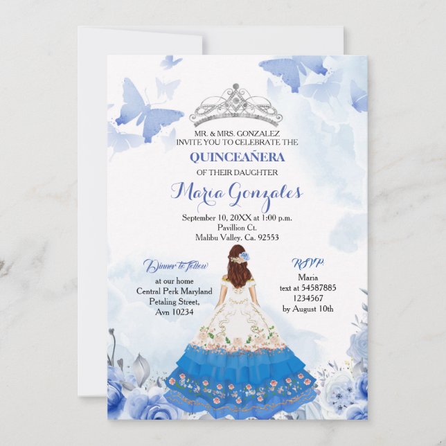 Invitación Nacimiento de la Mariposa Azul Bebé Mexicano Quinc (Anverso)