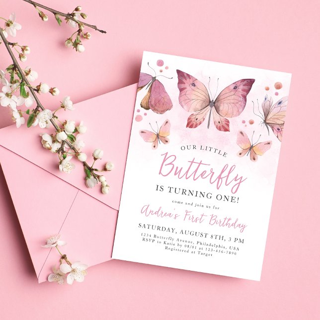 Invitación Nacimiento de la mariposa rosa acuarela (Subido por el creador)