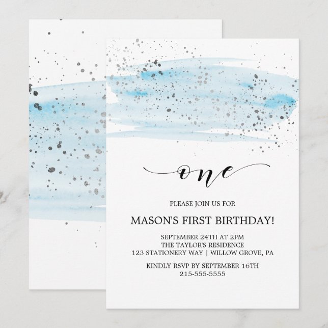 Invitación Nacimiento de la primera centinela azul y plateado (Anverso / Reverso)