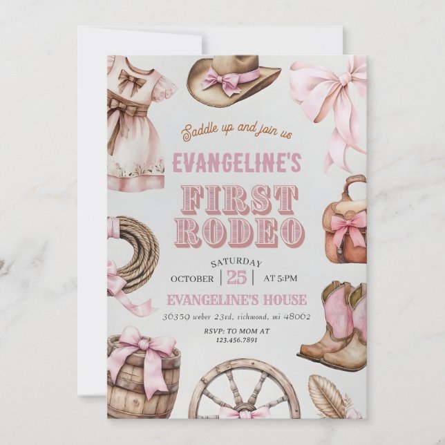 Invitación Nacimiento de la primera niña de rodeo rosada pers (Anverso)