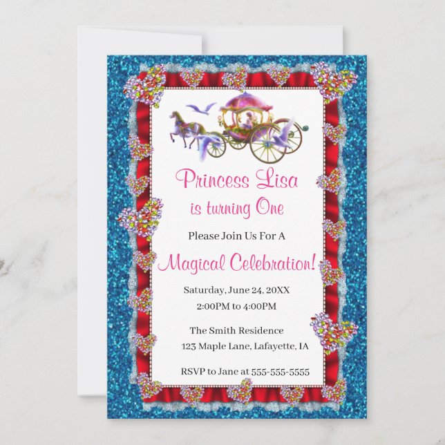 Invitación Nacimiento de la Princesa Real Purpurina Azul de l (Anverso)