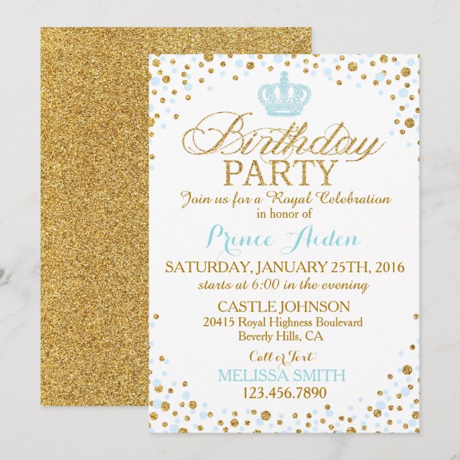 Invitación Nacimiento de la princesa Sparkle Blue y Gold Purp (Anverso / Reverso)