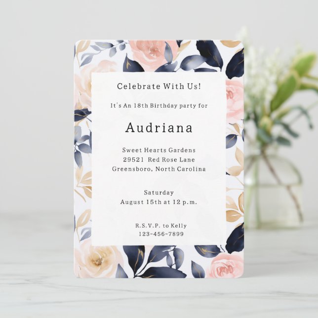 Invitación Nacimiento de las flores de Moda azul rosa (Anverso de pie)