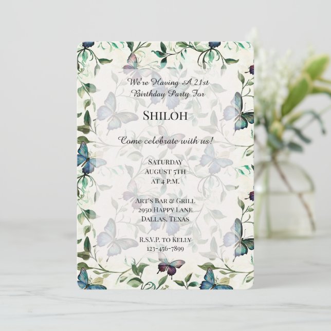 Invitación Nacimiento de las mariposas azules de bonito (Anverso de pie)