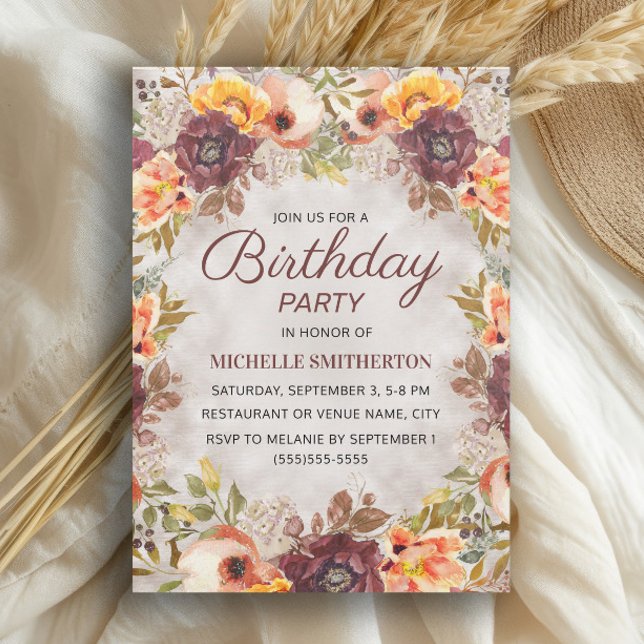 Invitación Nacimiento de las mujeres con flores en la Naranja (Burgundy and burnt orange watercolor floral birthday party invitation)