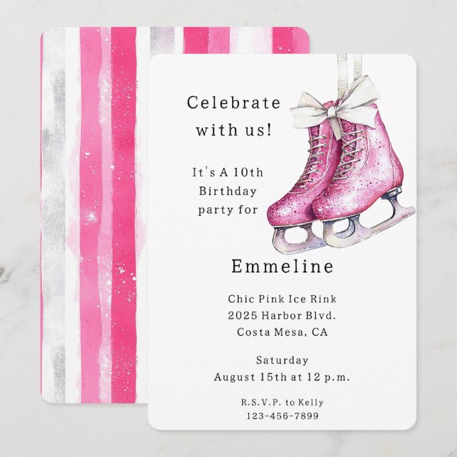 Invitación Nacimiento de las patines de hielo rosadas de boni (Anverso / Reverso)