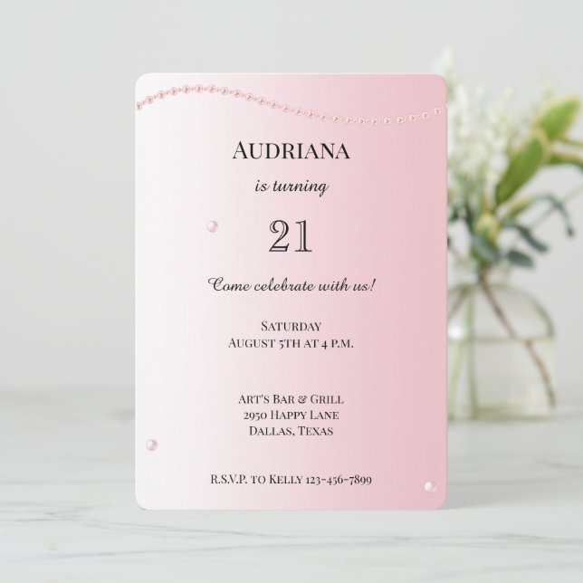Invitación Nacimiento de las Perlas Rosadas de bonito Glam (Anverso de pie)