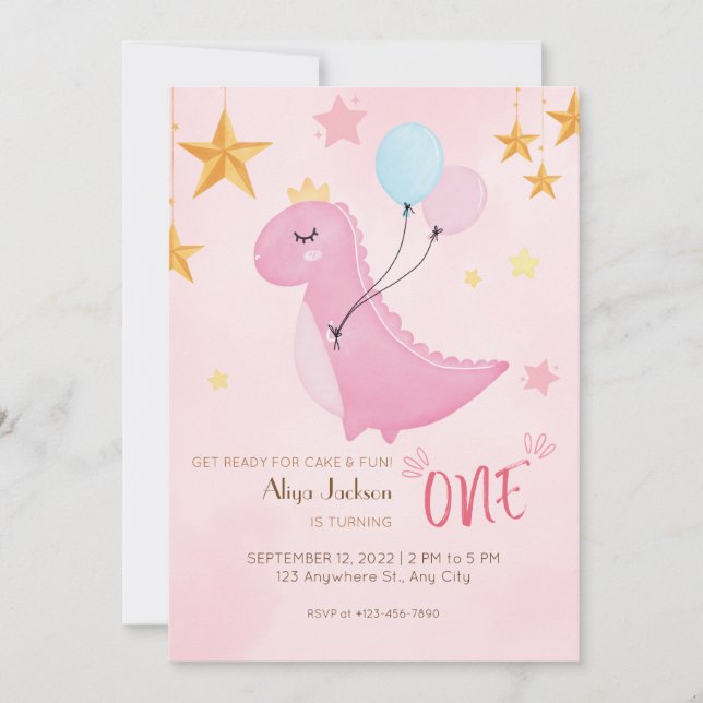Invitación Nacimiento de Little Pink Dino (Anverso)