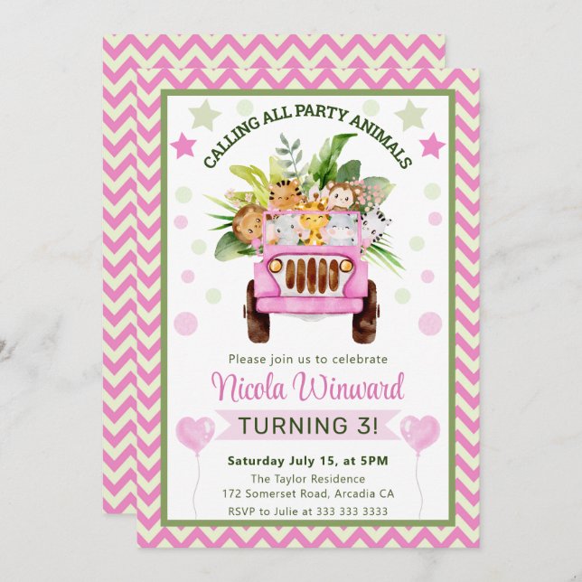 Invitación Nacimiento de los animales del Safari de la jungla (Anverso / Reverso)