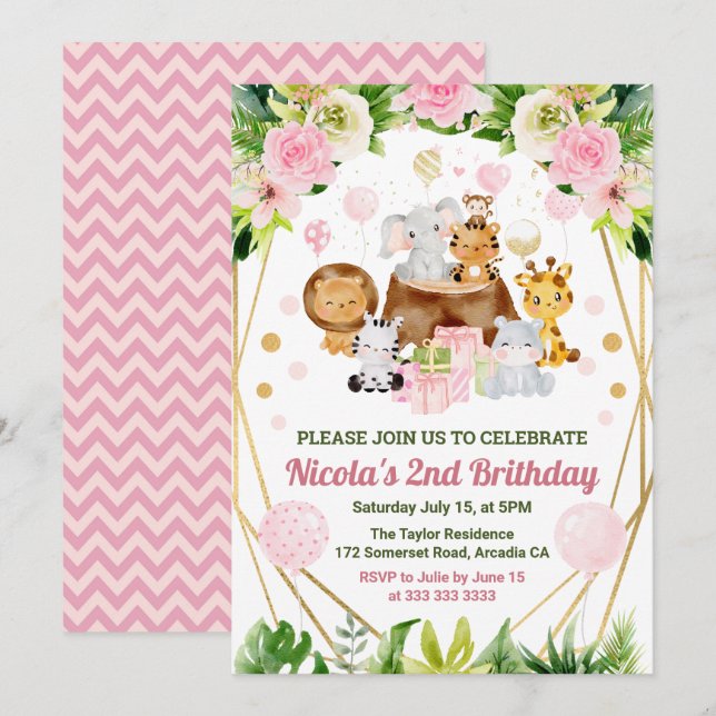 Invitación Nacimiento de los Chicas de animales del Safari de (Anverso / Reverso)