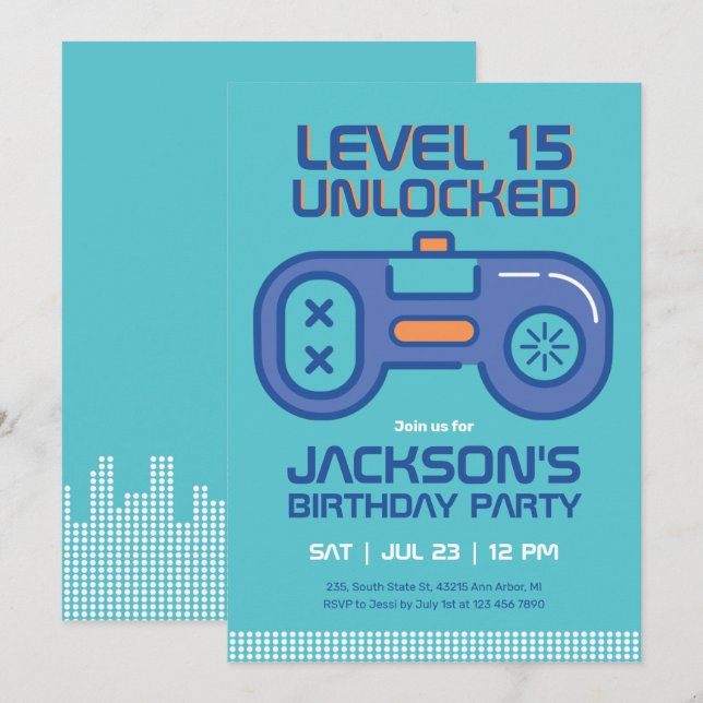 Invitación Nacimiento de los juegos de video azul Verde azula (Anverso / Reverso)