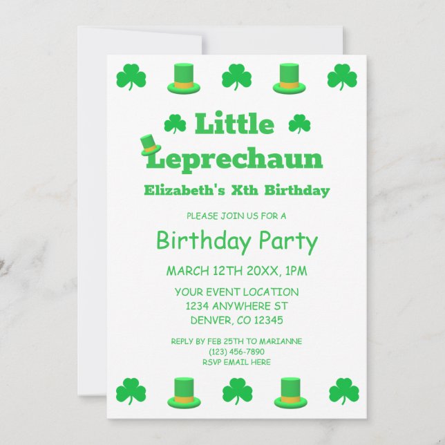 Invitación Nacimiento de los niños de Little Leprechaun (Anverso)