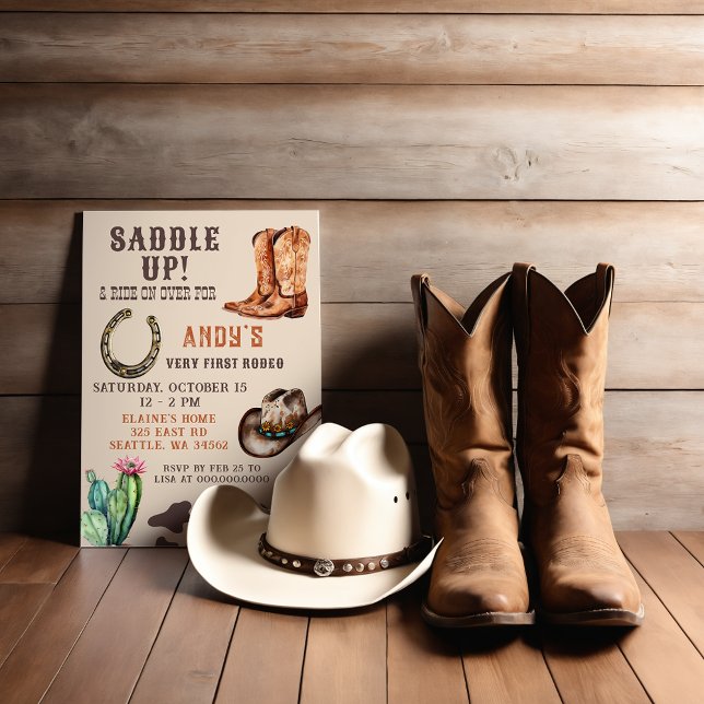 Invitación Nacimiento de los niños del primer rodeo de Cowboy (Western Cowboy First Rodeo Boys Birthday Invitation)