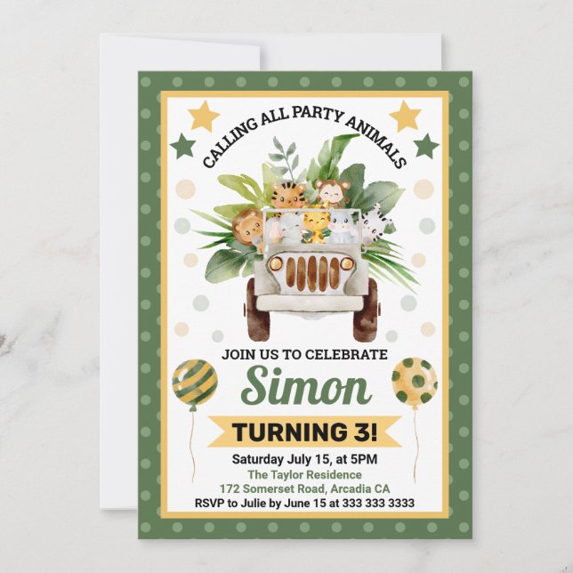 Invitación Nacimiento de los niños en el Safari de la jungla  (Anverso)