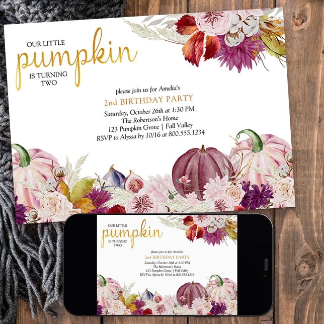 Invitación Nacimiento de los pequeños Chicas florales de cala (Little Pumpkin girls birthday invitation with pink pumpkins from my Little Pumpkin collection)