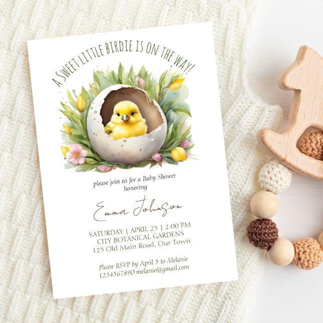 Invitación Nacimiento de naves pronto la ducha de bebé primav (Little birdie hatching soon spring baby shower template invitation digital download cute canary bird)