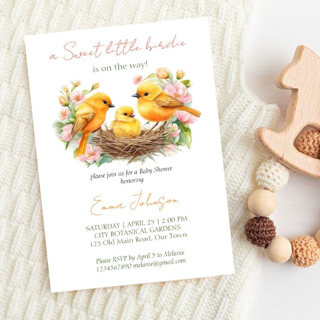 Invitación Nacimiento de naves pronto la ducha de bebé primav (Little birdie hatching soon spring baby shower template invitation yellow canaries about to hatch)