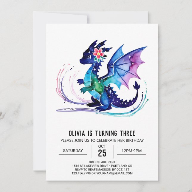Invitación Nacimiento de Niña Digital Purple Little Dragon (Anverso)