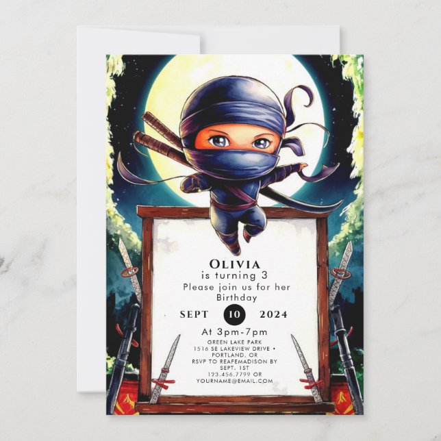 Invitación Nacimiento de Ninja para niños mágicos (Anverso)