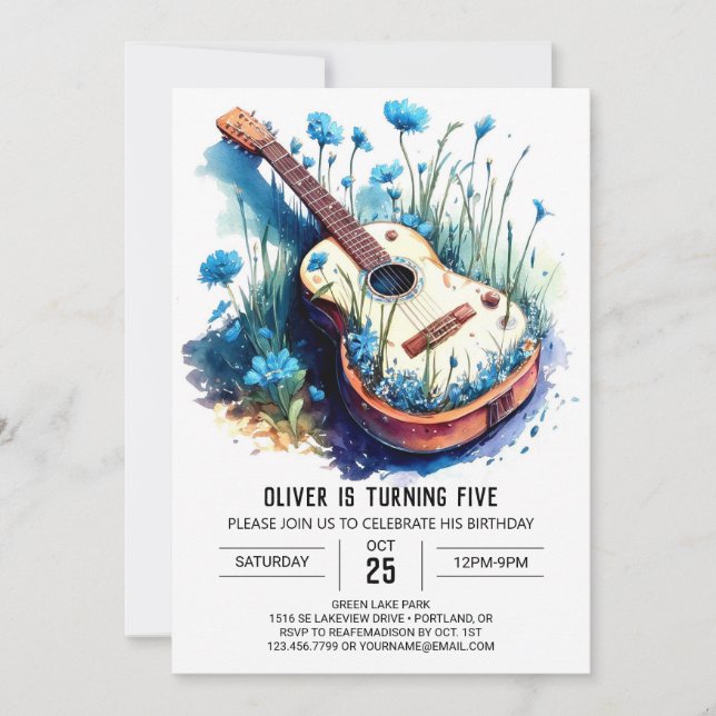 Invitación Nacimiento de niño guitarra acústica personalizabl (Anverso)