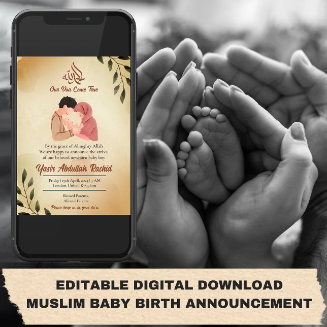 Invitación Nacimiento de niño musulmán (editable digital download birth announcement Muslim Baby Boy Birth Announcement New Parent)